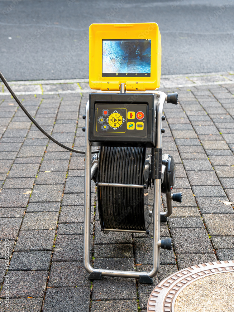 Blocked pipe. Drain inspection with camera. Screen shows the cleaning