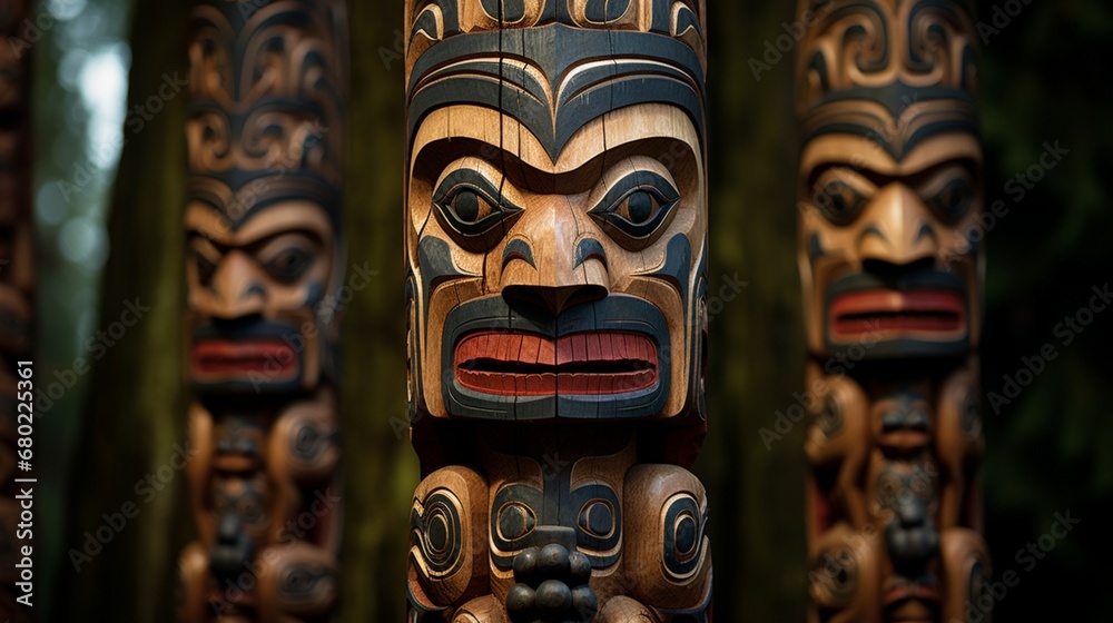 A wooden totem pole carved with intricate patterns.
