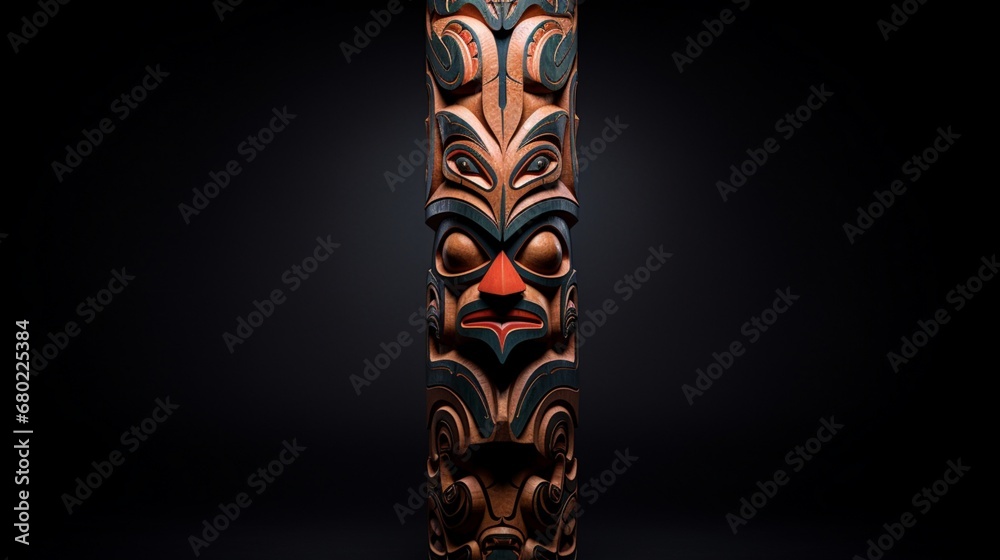 A wooden totem pole carved with intricate patterns. - obrazy, fototapety, plakaty 