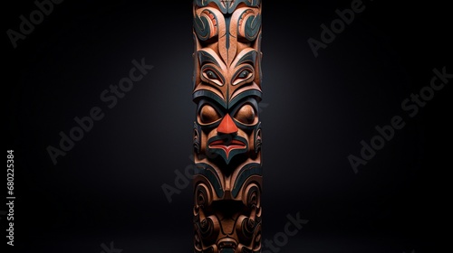 A wooden totem pole carved with intricate patterns. photo
