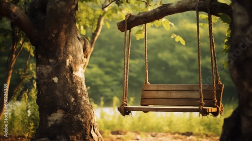 A wooden swing hanging from a sturdy tree branch. photo