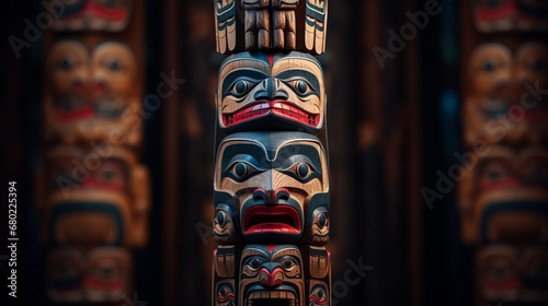 A wooden totem pole carved with intricate patterns.