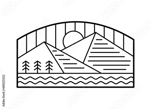 one color monoline mountain nature vector illustration for badge, sticker, t shirt design and outdoor design