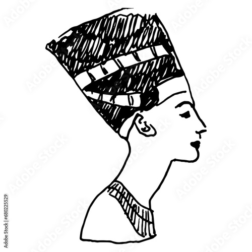 Queen Nefertiti Bust. Ancient Egyptian sculpture. Amarna art. Hand drawn linear doodle rough sketch. Black and white silhouette.