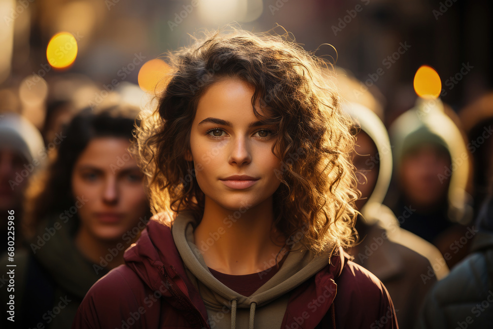 Portrait of a young beautiful woman looking directly at the camera with a crowded urban street in the background.