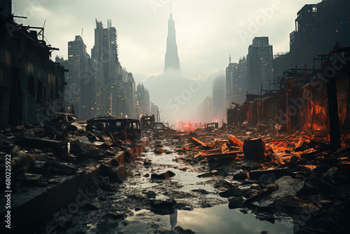 A cinematic post-apocalyptic cityscape with abandoned, ruined structures and ominous skyline under a hazy sky.
