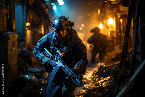 A soldier in tactical gear patrolling an urban environment at night, ready for action in a potentially dangerous operation.