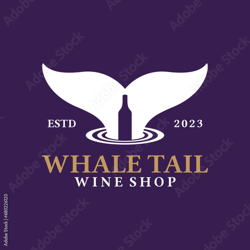 combination vector of whale orca shark dolphin fish tail with bottle and sea beach wave suitable for wine product, nautical ocean marine restaurant or travel tourism industry logo design inspiration