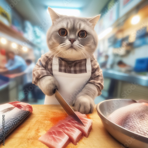 A cat chef cutting a fish 2