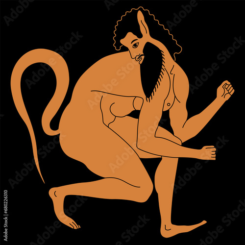 Squatting ancient Greek satyr. Vase painting style. Ethnic design.