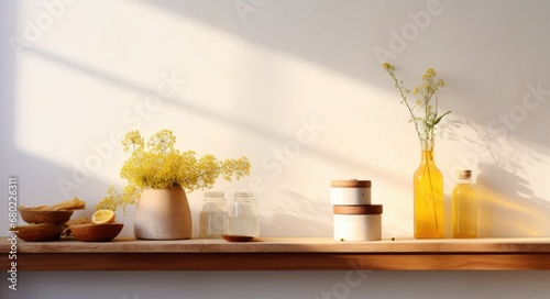 Warm sunlight on a wooden shelf with rustic decor and flowers.