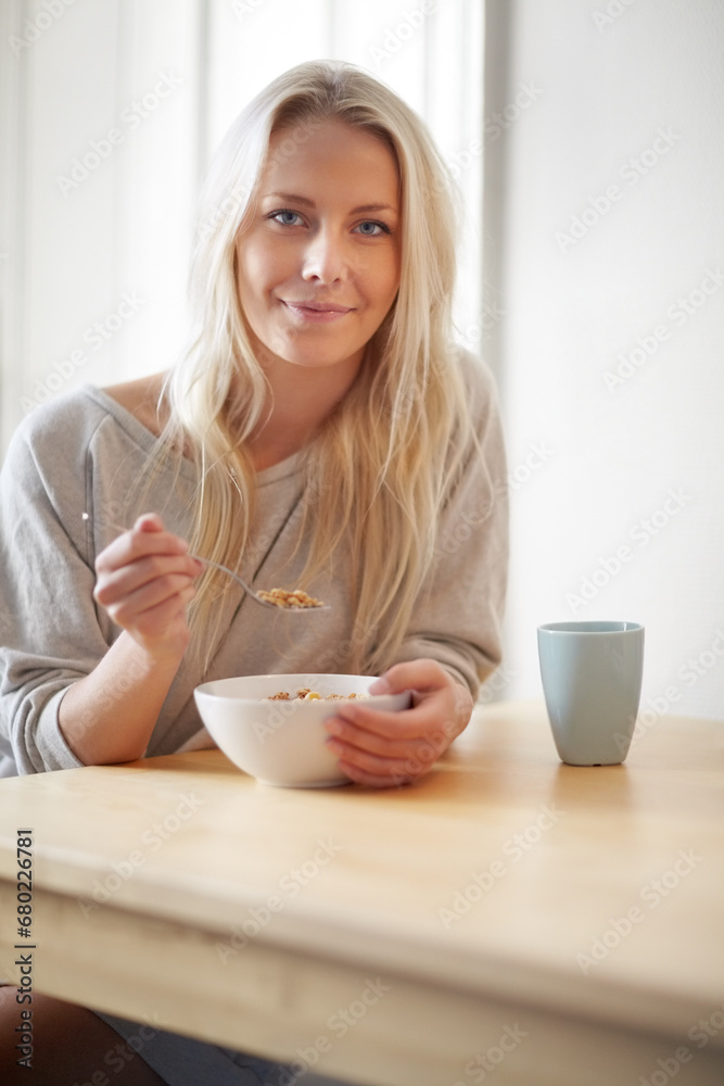 Portrait, home and woman with breakfast, cereal and start the day with nutrition, coffee and morning. Face, person and girl with a bowl, tea and eating with food, wellness and healthy with a smile Portrait, home and woman with breakfast, cereal and start the day with nutrition, coffee and morning. Face, person and girl with a bowl, tea and eating with food, wellness and healthy with a smile