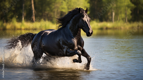 A majestic black horse running through water, river side view with reflection of a black horse in the water, river view in autumn landscape  © Gunathilake