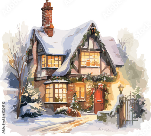 Watercolor vector illustration of a winter chalet and deer in a snowy fir forest, isolated on a white background, ideal for Christmas cards, posters, or print designs. AI generated illustration.