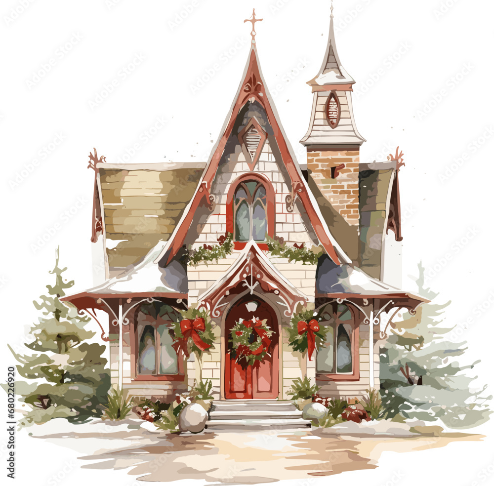 Fototapeta premium Watercolor vector illustration with winter chalet and deer. Snowy fir forest, isolated on white background. Winter woodland with pine trees. Perfect for Christmas card, poster or print design