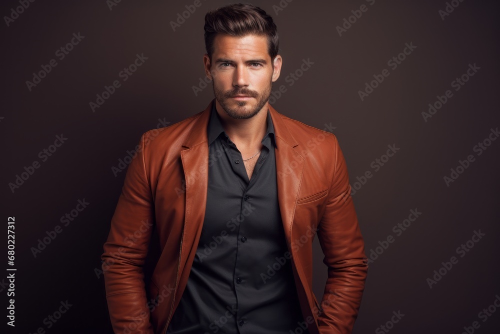 Portrait of a glad man in his 30s sporting a stylish leather blazer against a solid color backdrop. AI Generation Portrait of a glad man in his 30s sporting a stylish leather blazer against a solid color backdrop. AI Generation