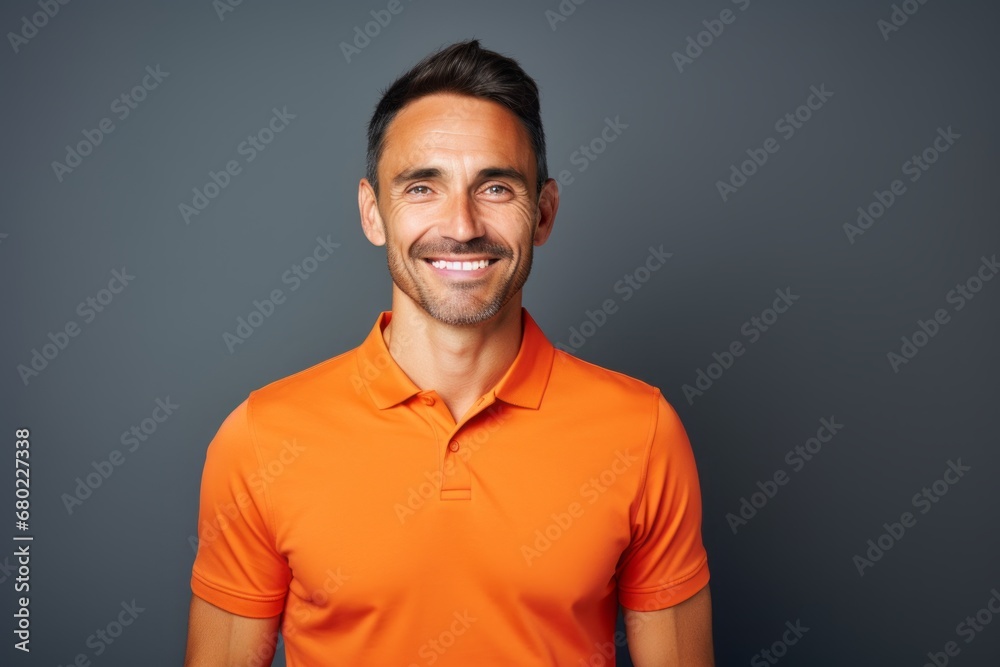 Portrait of a smiling man in his 30s wearing a sporty polo shirt against a solid color backdrop. AI Generation Portrait of a smiling man in his 30s wearing a sporty polo shirt against a solid color backdrop. AI Generation