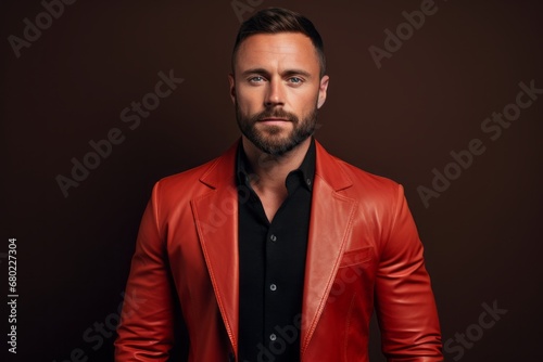 Portrait of a glad man in his 30s sporting a stylish leather blazer against a solid color backdrop. AI Generation