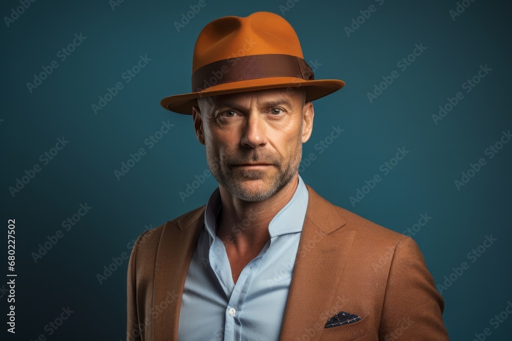 Portrait of a content man in his 40s donning a classic fedora against a solid color backdrop. AI Generation Portrait of a content man in his 40s donning a classic fedora against a solid color backdrop. AI Generation