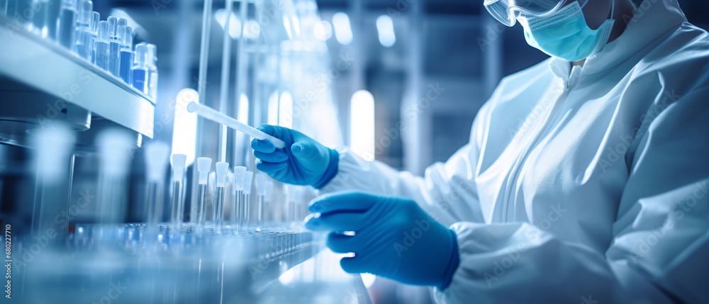 Closeup of lab technician holding test tube for analysis, containing a precision sample, representing advanced biotechnology research. Pharmaceutical machine working. Generative ai