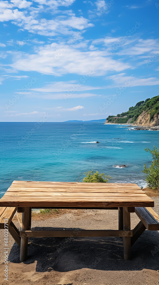 Vertical Mock up for product. Wooden table on the background of the sea, island and the blue sky. High quality photo.