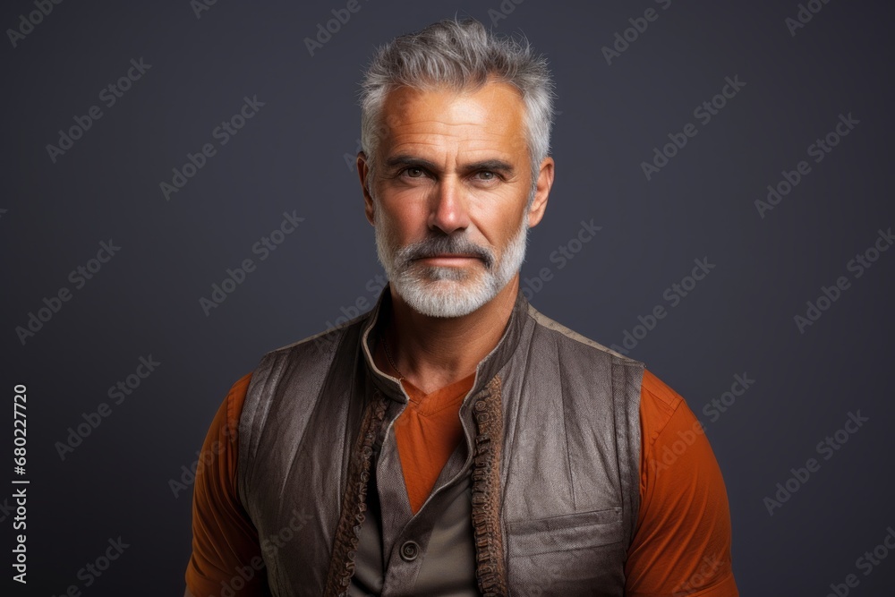 Portrait of a content man in his 50s dressed in a breathable mesh vest against a solid color backdrop. AI Generation Portrait of a content man in his 50s dressed in a breathable mesh vest against a solid color backdrop. AI Generation