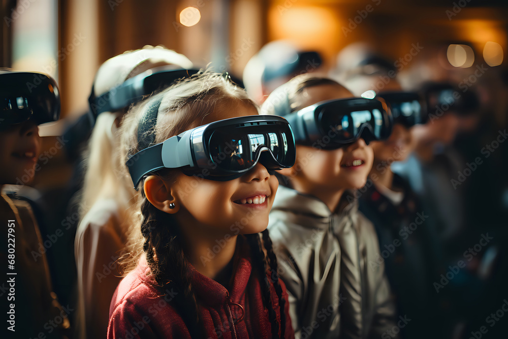 happy children study using future technologies using augmented reality glasses, children wearing VR glasses have a happy time happy children study using future technologies using augmented reality glasses, children wearing VR glasses have a happy time