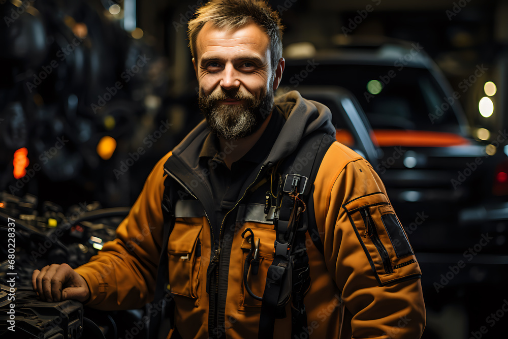 car mechanic in an orange dirty robe against the backdrop of a car repair shop
