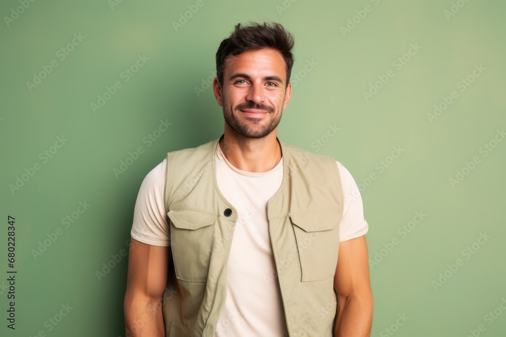 Portrait of a grinning man in his 30s dressed in a water-resistant gilet against a solid pastel color wall. AI Generation Portrait of a grinning man in his 30s dressed in a water-resistant gilet against a solid pastel color wall. AI Generation