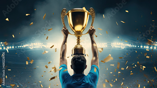 football player brandishing a gold cup, man holding up a trophy from behind in a crazy stadium with confetti in the background photo