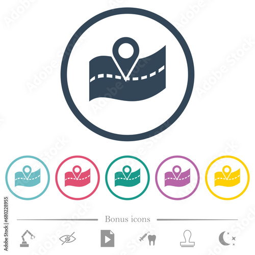 GPS road location flat color icons in round outlines