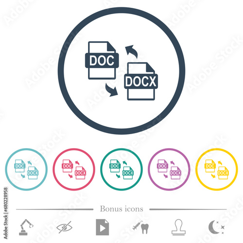 DOC DOCX file conversion flat color icons in round outlines