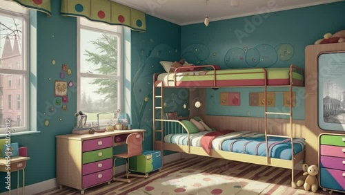 A children's room with a bright interior, decorated with toys, and a bunk bed in the corner. The window in the room lets in soft light, creating a cozy atmosphere.