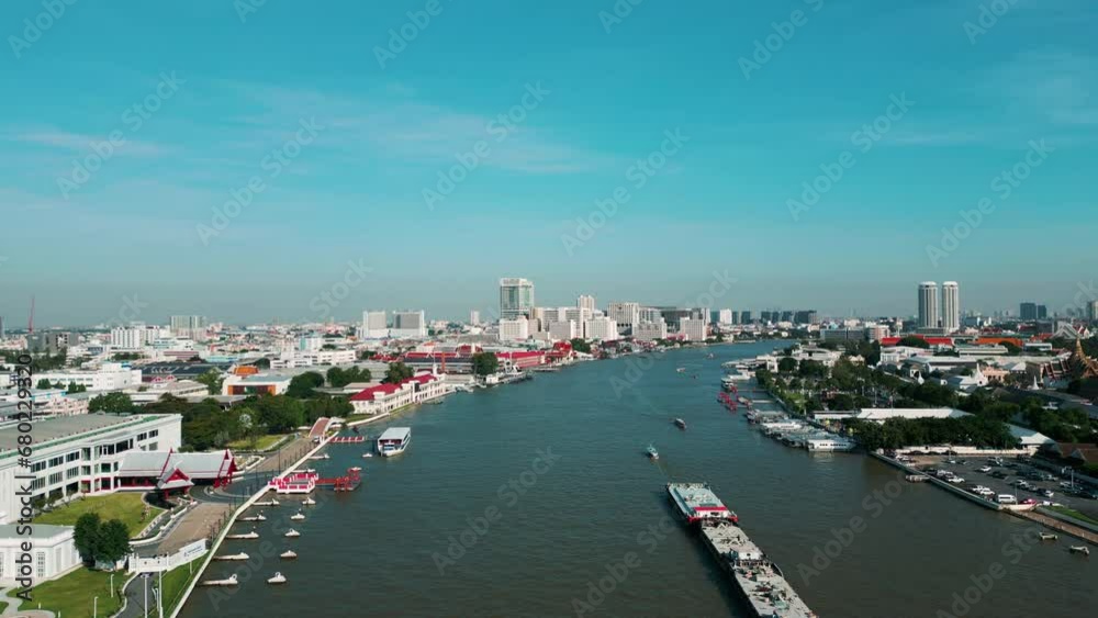 Aerial vire Chao Phraya river with old building Wat arun temple Bangkok Thailand Aerial vire Chao Phraya river with old building Wat arun temple Bangkok Thailand