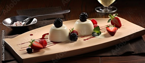 The restaurants exquisite presentation of the creamy vanilla panna cotta dessert on a wooden table, with elegant decoration, showcased the chefs skilled cooking and attention to detail, providing both photo