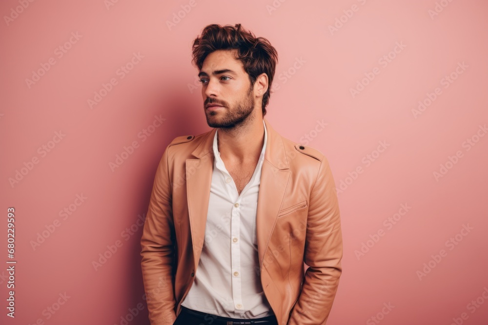 Portrait of a jovial man in his 20s sporting a stylish leather blazer against a solid pastel color wall. AI Generation