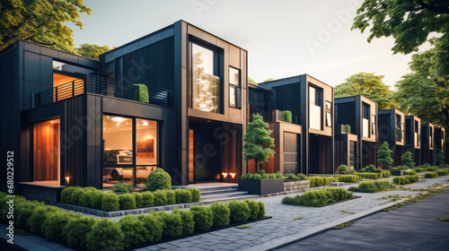 Modern office building exterior and landscaping in the city. Real estate concept.