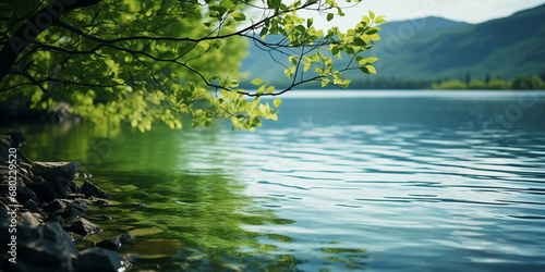 Tree branch with young green leaves against the background of clear water and mountain landscape