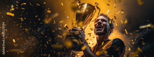 World Champion Celebrating Victory with a Trophy and Confetti Shower, black and yellow panorama banner  photo