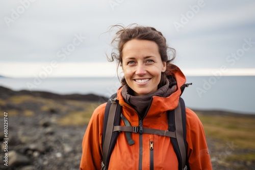 Portrait of a grinning woman in her 30s sporting a breathable hiking shirt against a scandinavian-style interior background. AI Generation photo