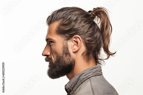 profile view portrait shot hipster beard male man stylish hair style studio shot on white background wall 