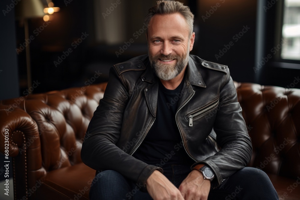 Portrait of a joyful man in his 40s sporting a classic leather jacket against a scandinavian-style interior background. AI Generation Portrait of a joyful man in his 40s sporting a classic leather jacket against a scandinavian-style interior background. AI Generation