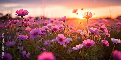Summer's Embrace - Pink Flowers Carpeting a Sunlit Field - Creating a Peaceful Summer Landscape Design © SurfacePatterns