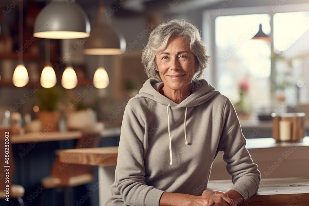 Portrait of a glad woman in her 70s sporting a comfortable hoodie against a scandinavian-style interior background. AI Generation Portrait of a glad woman in her 70s sporting a comfortable hoodie against a scandinavian-style interior background. AI Generation