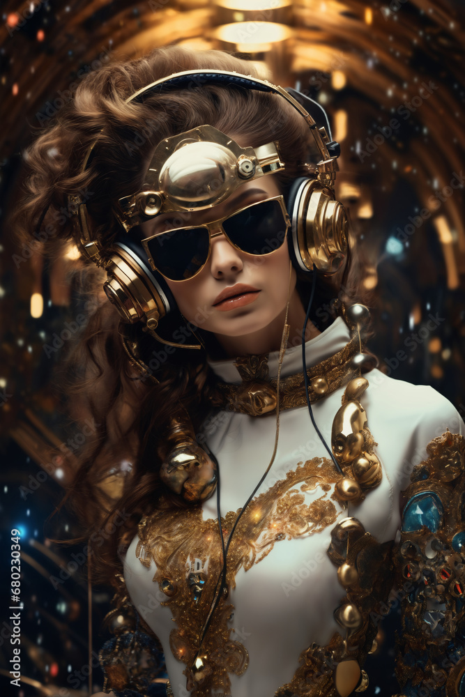 woman dressed in gold and wearing headphones, pop art bright colors, azure and amber, lens flares