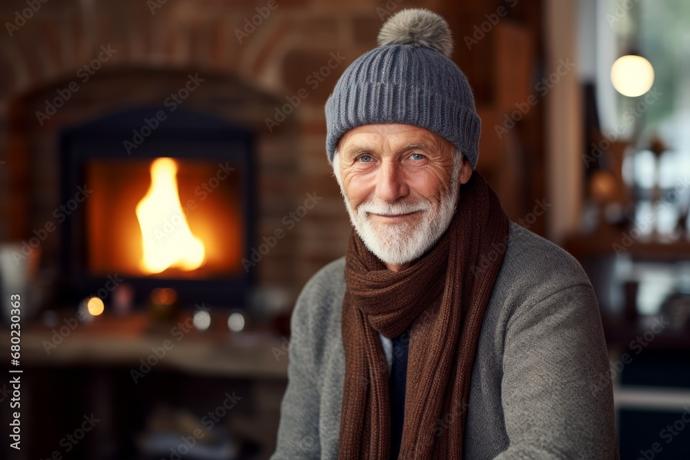 Portrait of a content man in his 70s donning a warm wool beanie against a scandinavian-style interior background. AI Generation Portrait of a content man in his 70s donning a warm wool beanie against a scandinavian-style interior background. AI Generation
