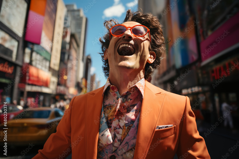 portrait of a man in a bright funny colored suit, city street, very emotional, happy, joy, expression, shouting and waving his arms, jumping portrait of a man in a bright funny colored suit, city street, very emotional, happy, joy, expression, shouting and waving his arms, jumping