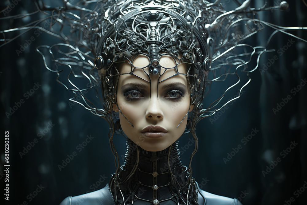 a woman dressed in metal is standing in the forest, in the style of mixes realistic and fantastical elements, detailed facial features a woman dressed in metal is standing in the forest, in the style of mixes realistic and fantastical elements, detailed facial features