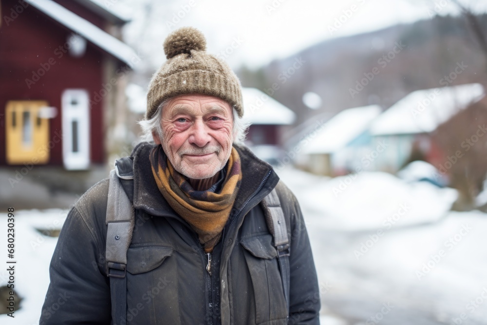 Portrait of a content man in his 70s donning a warm wool beanie against a scandinavian-style interior background. AI Generation Portrait of a content man in his 70s donning a warm wool beanie against a scandinavian-style interior background. AI Generation