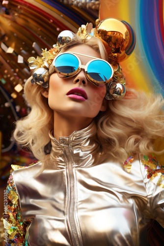 woman dressed in gold and wearing sunglasses, pop art bright colors, azure and amber, lens flares